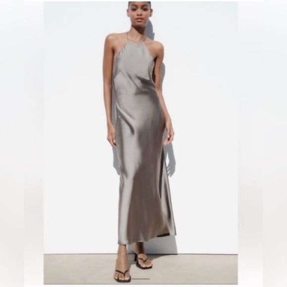 ZARA Midi Satin Slip Dress Grey charcoal - Picture 1 of 13
